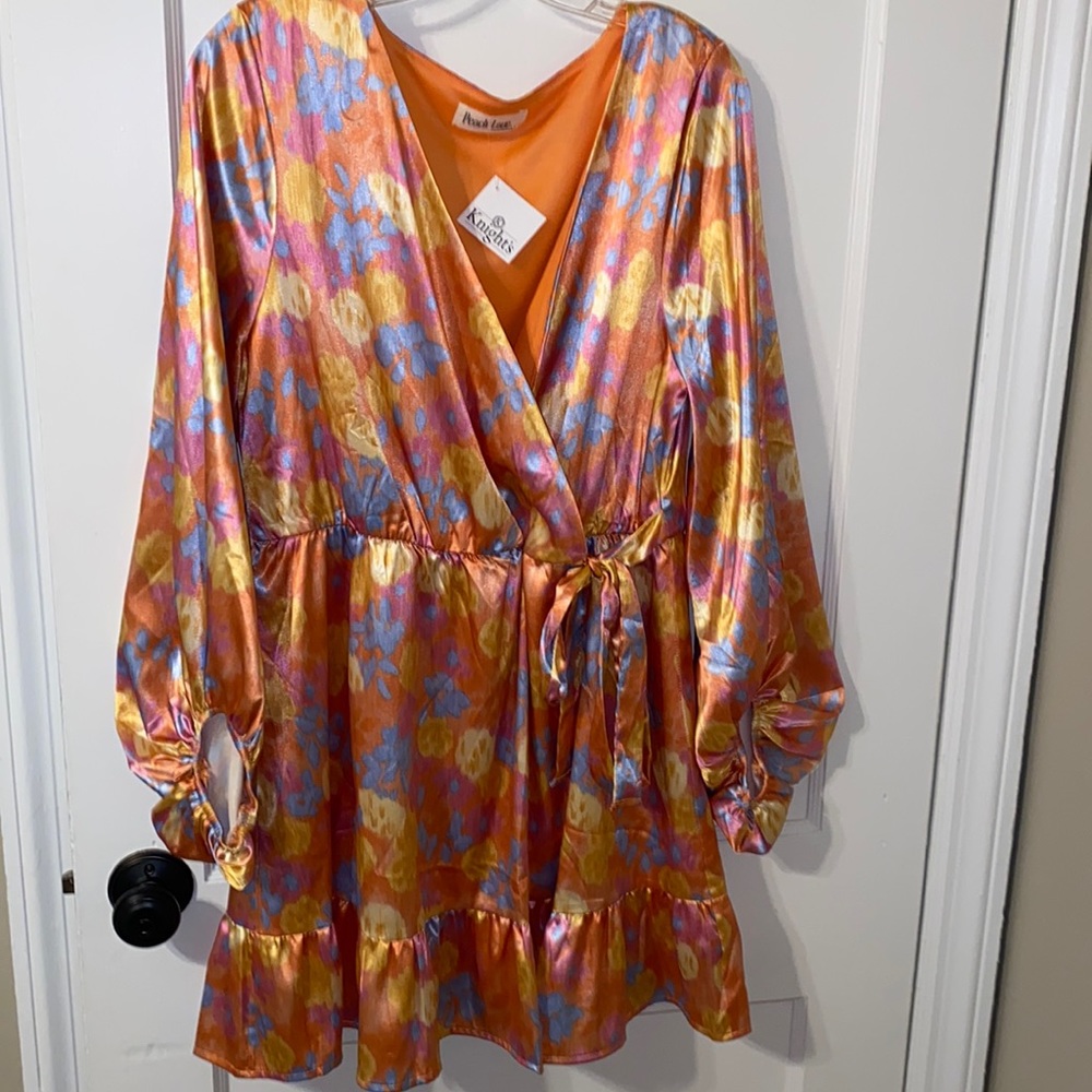 Peach Love Bubble Sleeve Faux Wrap Floral Dress
